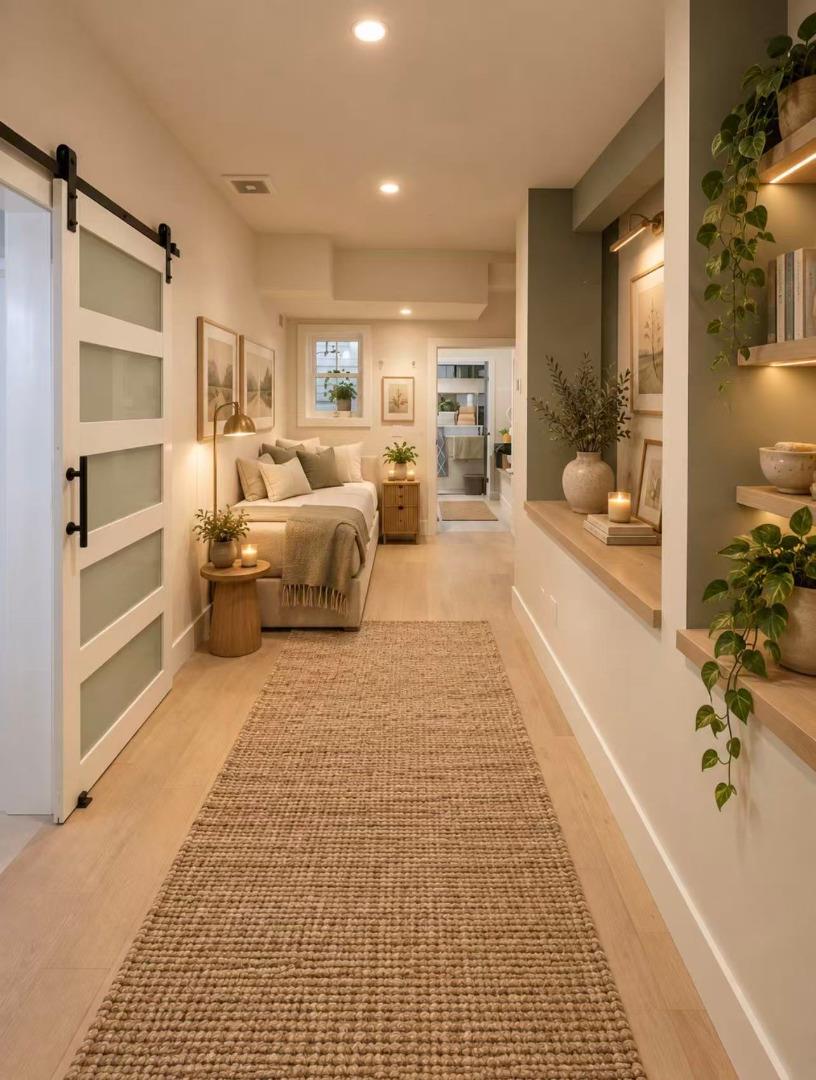 Staged bedroom with a platform bed, sliding barn door, woven runner, and built-in display shelves.