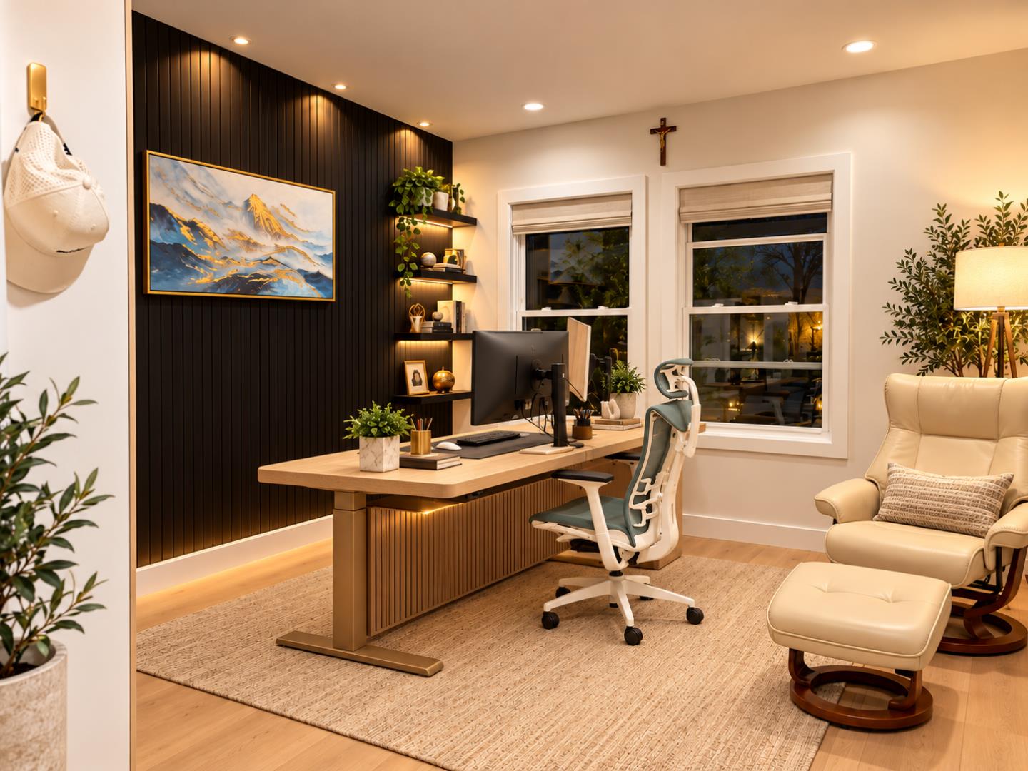 Home office with a wood desk, dark slatted accent wall, and cream lounge chair.