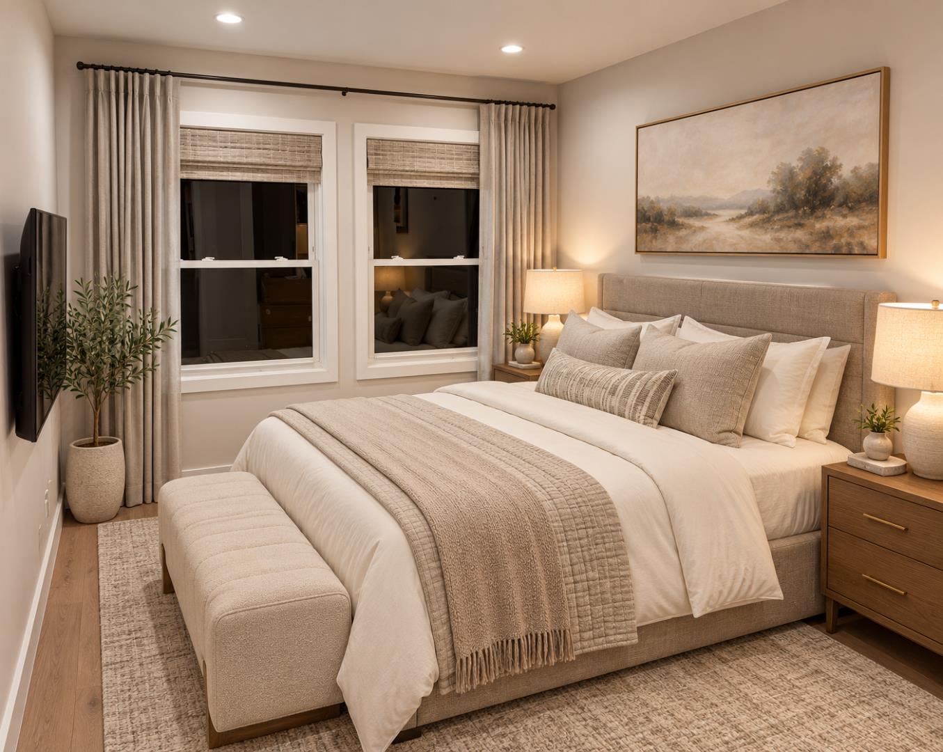 Bedroom with a neutral upholstered bed, layered bedding, and two curtained windows.