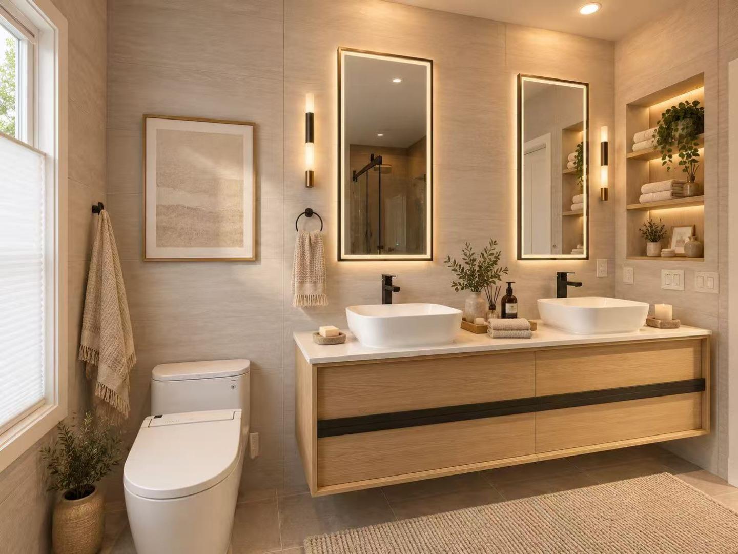 Bathroom with a floating wood vanity, double vessel sinks, and illuminated mirrors.
