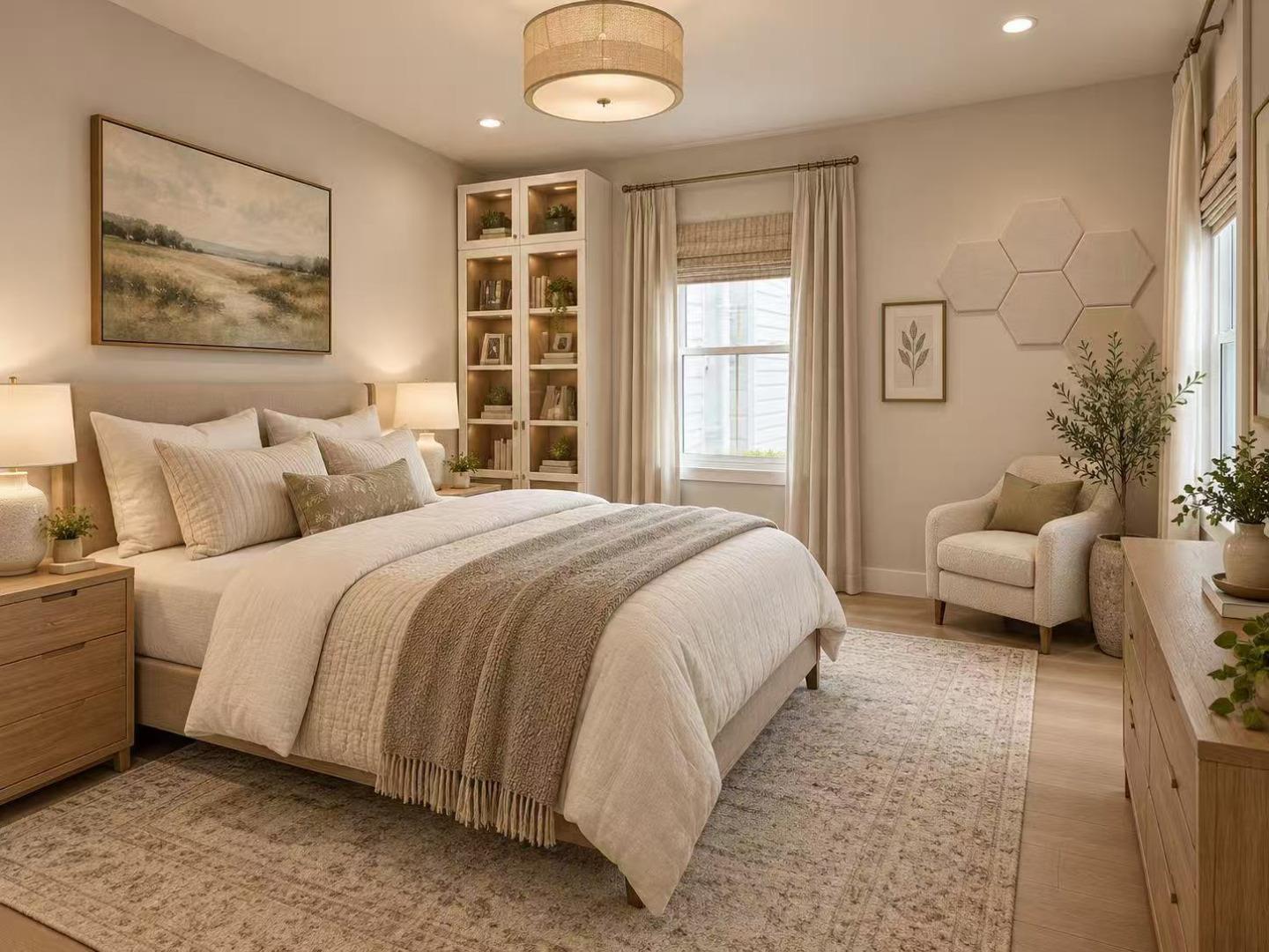 Staged bedroom with a layered neutral bed, built-in glass-front shelving, and a window beside an upholstered chair.