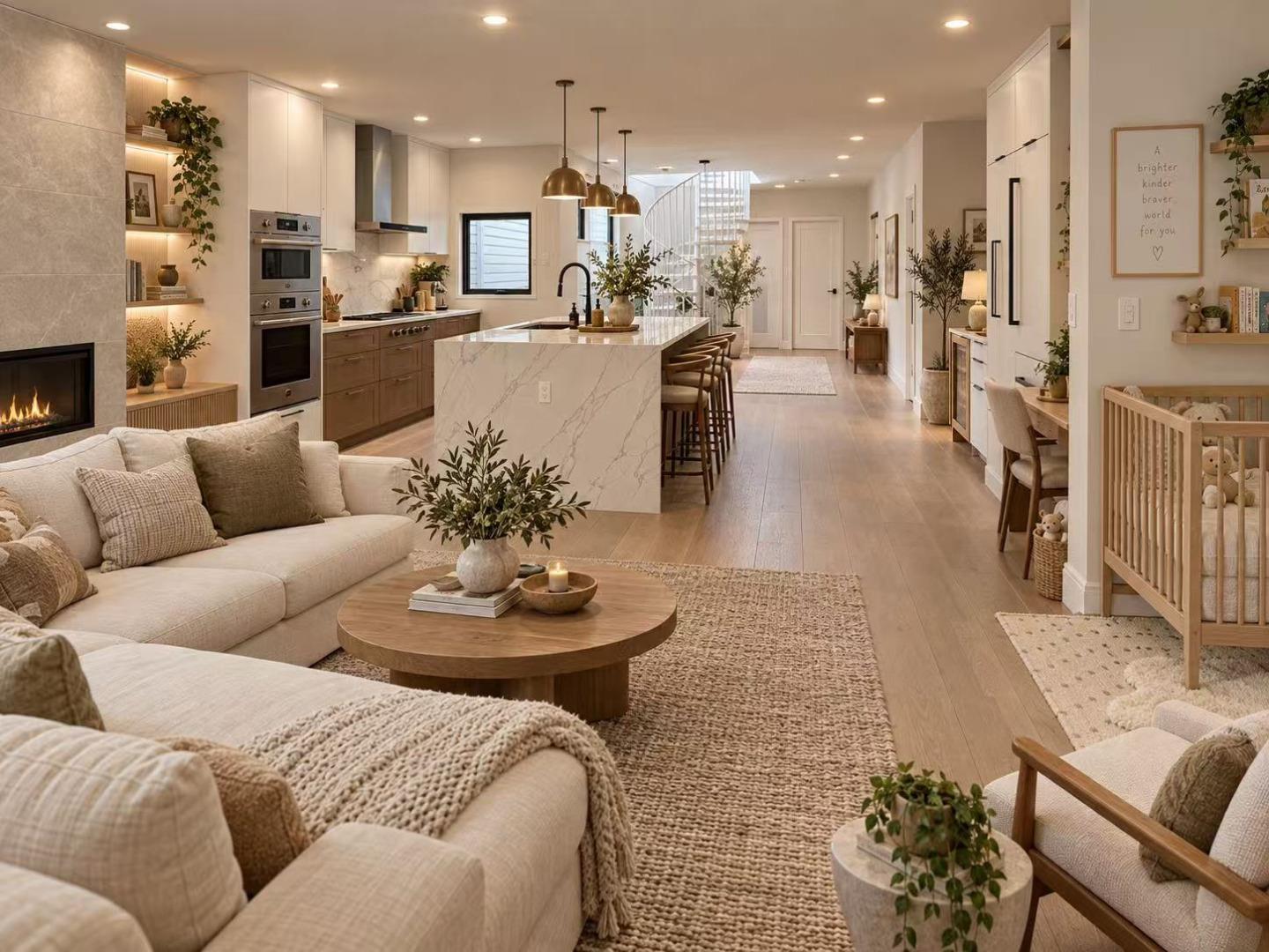 Open-plan living room and kitchen with a marble island, fireplace, and nursery nook.