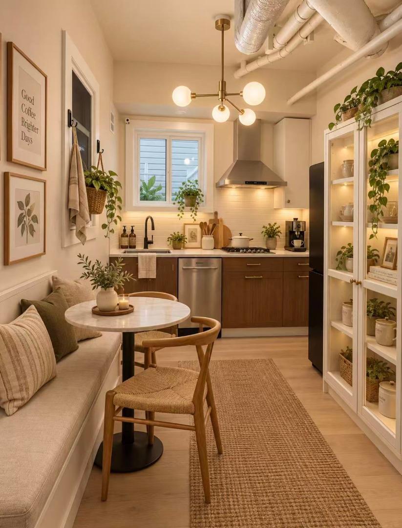 Compact kitchen and dining nook with a round table, built-in bench, and open ceiling ducts.
