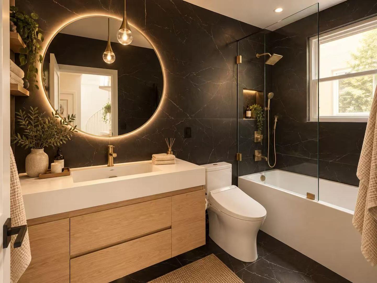 Bathroom with a wood vanity, backlit round mirror, black marble walls, and glass-enclosed tub.