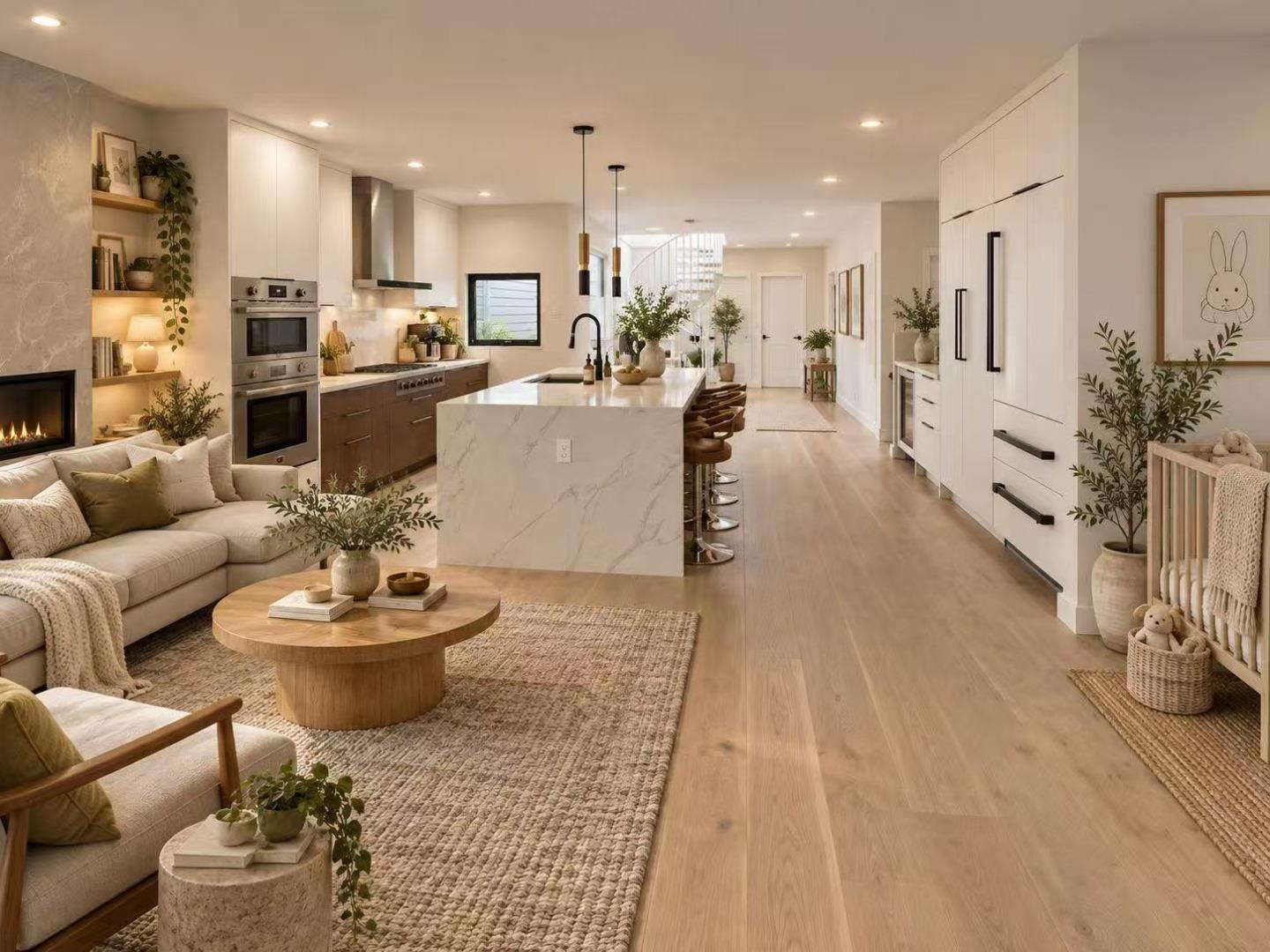 Open-plan kitchen and living room with a marble island, fireplace, and warm wood cabinetry.
