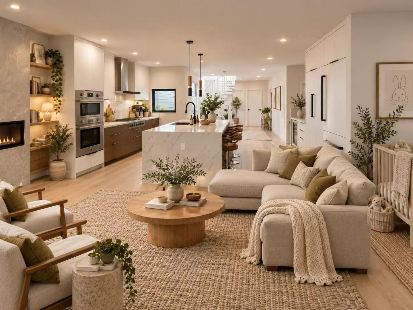 Open-plan living room and kitchen with a marble island, built-in appliances, and a fireplace.