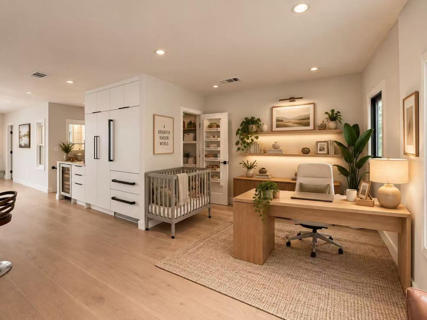 Home office with a wooden desk, illuminated shelves, white cabinetry, and a crib.