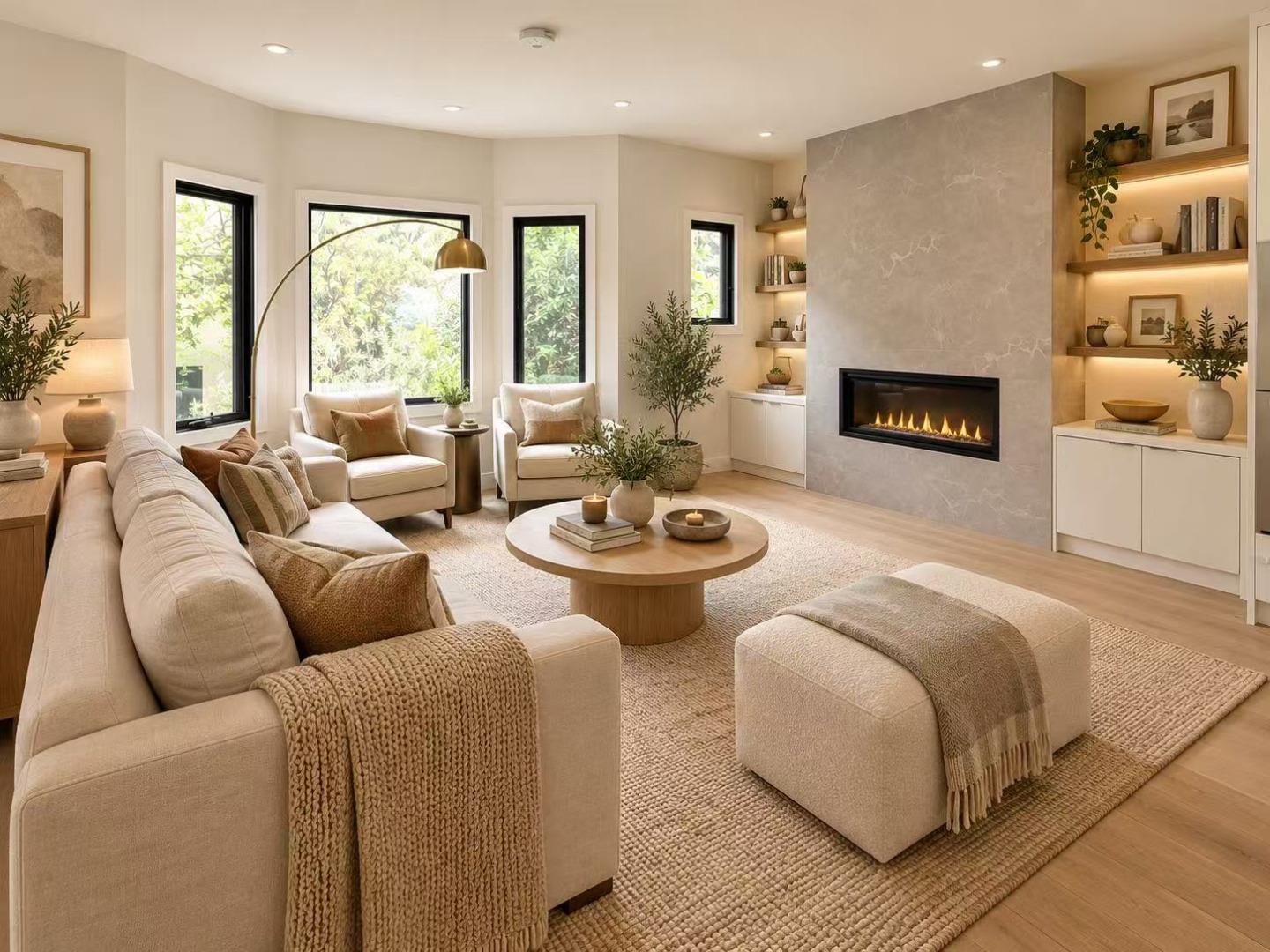 Living room with a marble fireplace, cream seating, and large windows overlooking greenery.