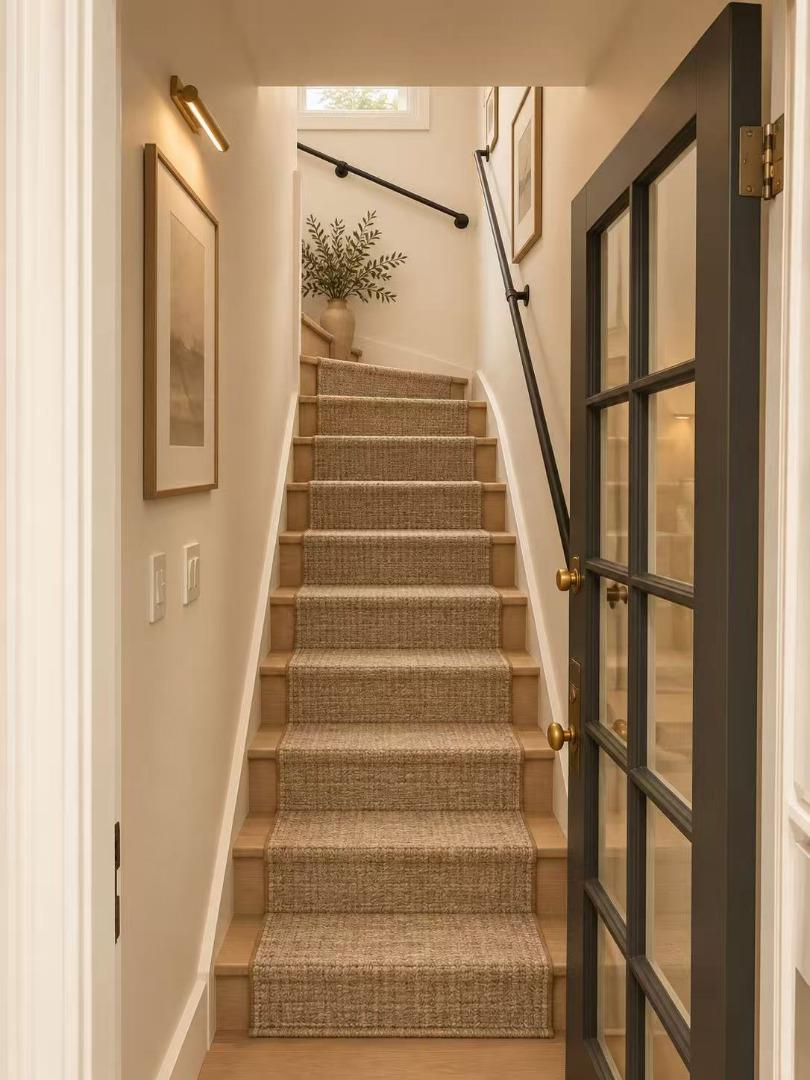 Carpeted staircase with wood treads, black handrails, and a glass-paneled door.