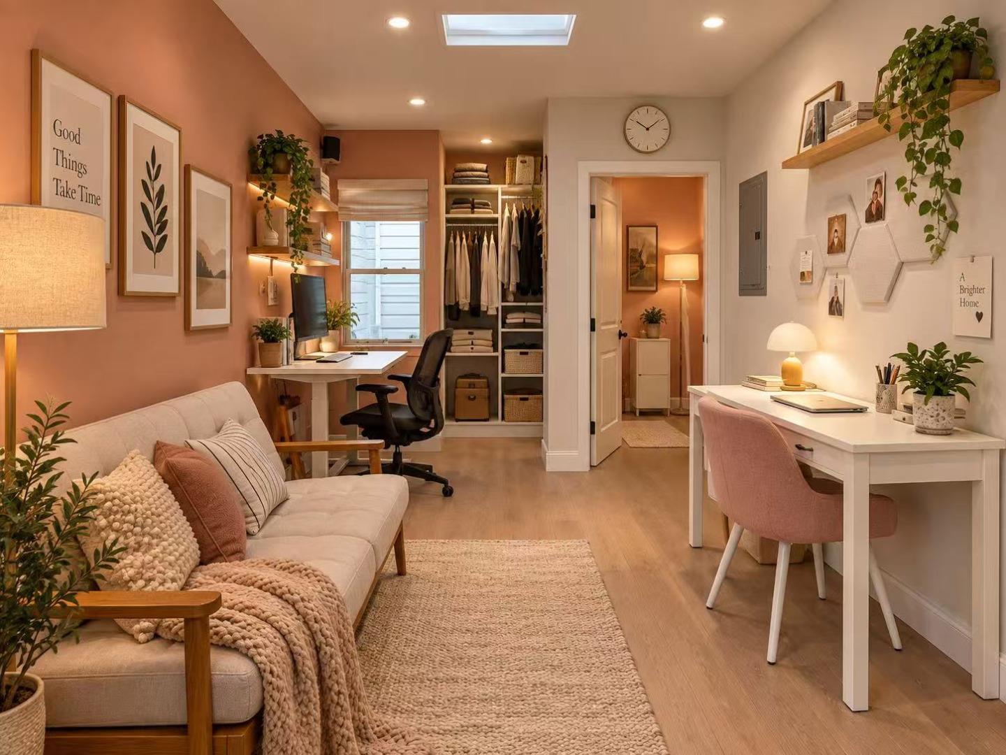 Home office and sitting area with two desks, a built-in closet, and a sofa.