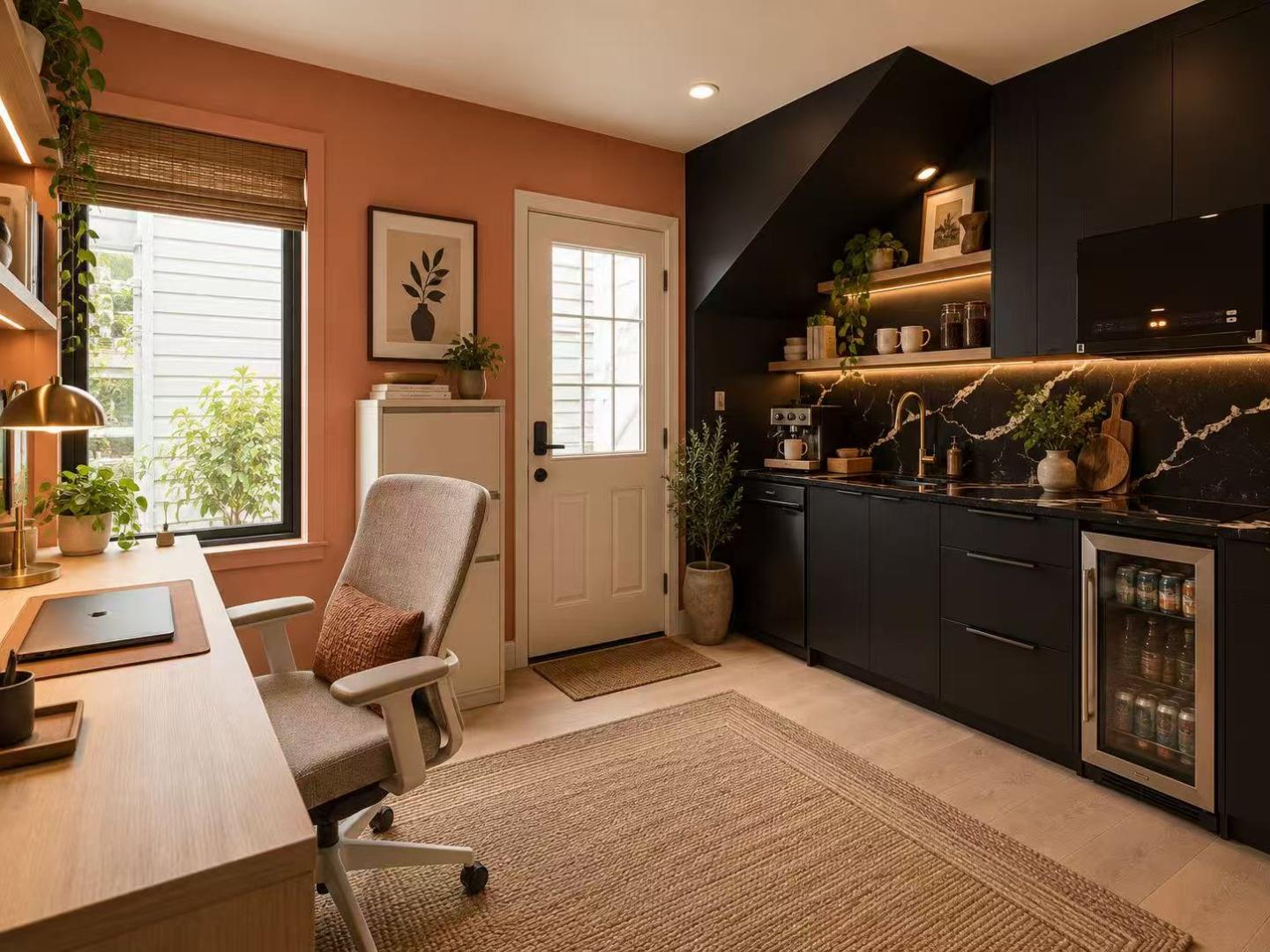Kitchen with black cabinets and marble backsplash beside a window-side desk nook.