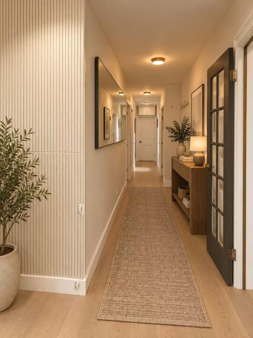 Entry hallway with a woven runner, console table, and dark glass-paneled door.