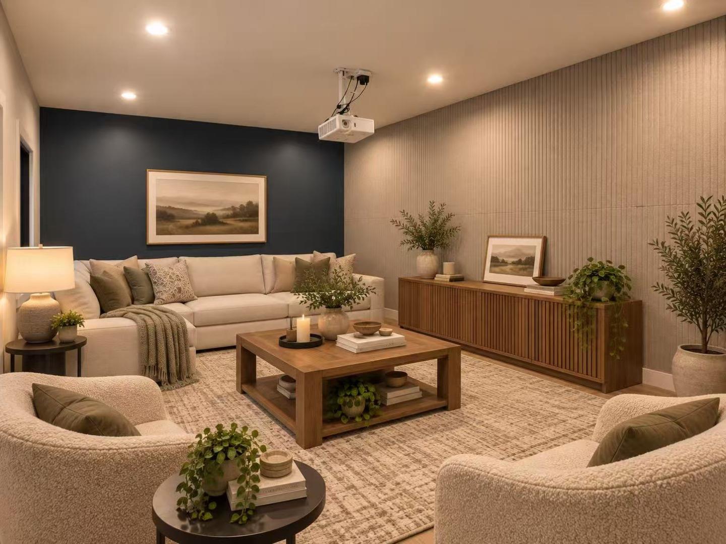 Staged living room with a ceiling-mounted projector, sectional sofa, and wood coffee table.