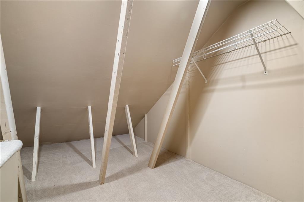 Attic storage area with a sloped ceiling, carpet, exposed braces, and wire shelving.