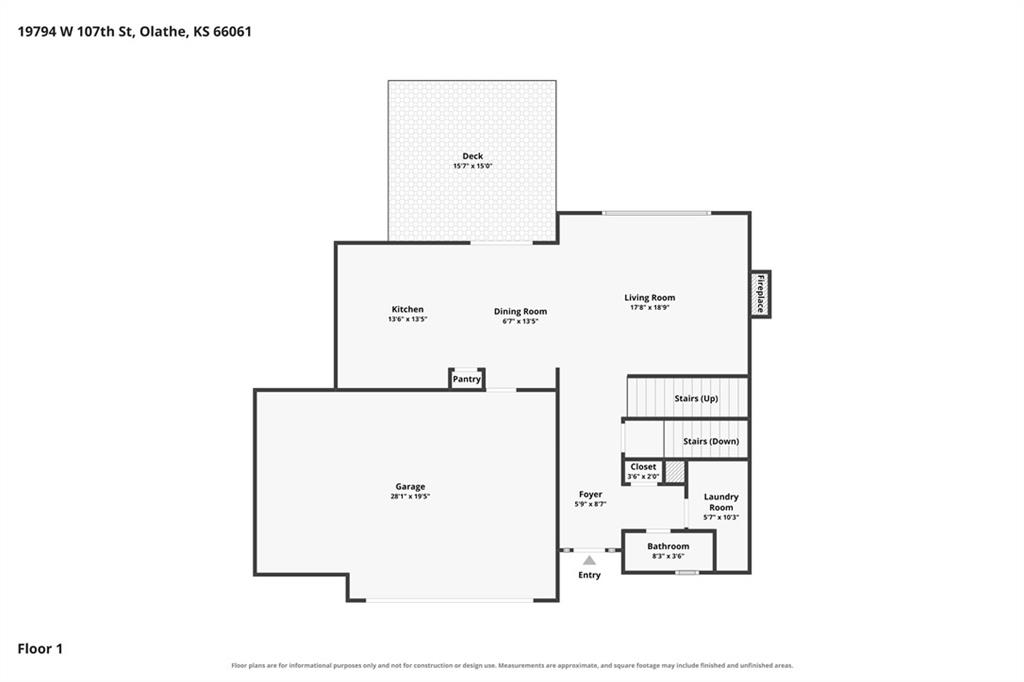 First-floor plan showing the kitchen, dining and living rooms, garage, laundry room, bathroom, and deck.