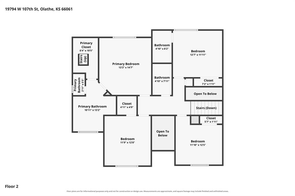 Second-floor plan with four bedrooms, bathrooms, closets, stairs, and open-to-below spaces.