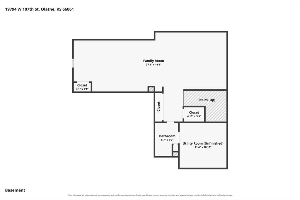 Basement floor plan with a large family room, bathroom, unfinished utility room, stairs, and closets.