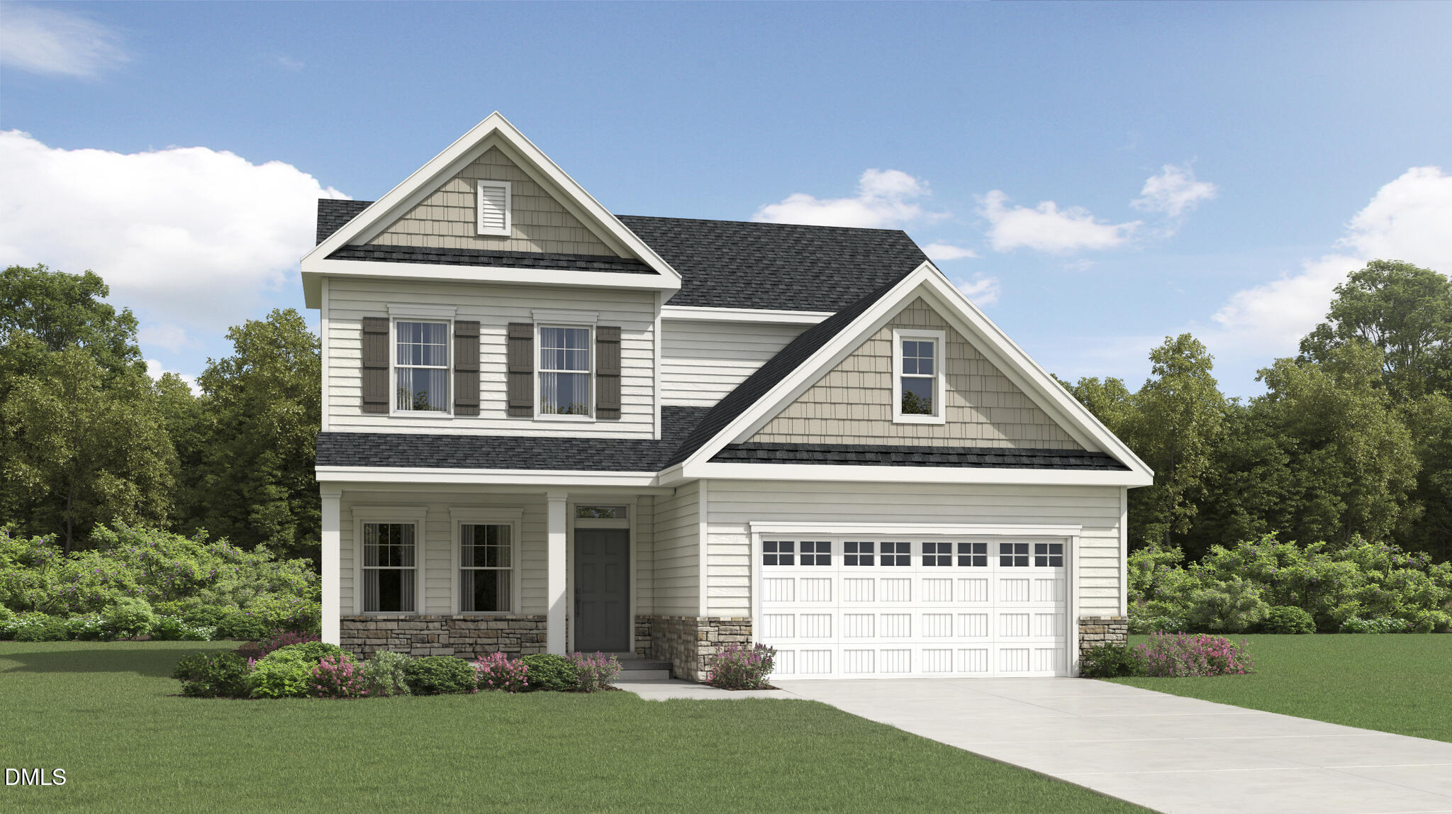 Two-story light-sided house with front-facing gables, stone foundation, and attached garage.