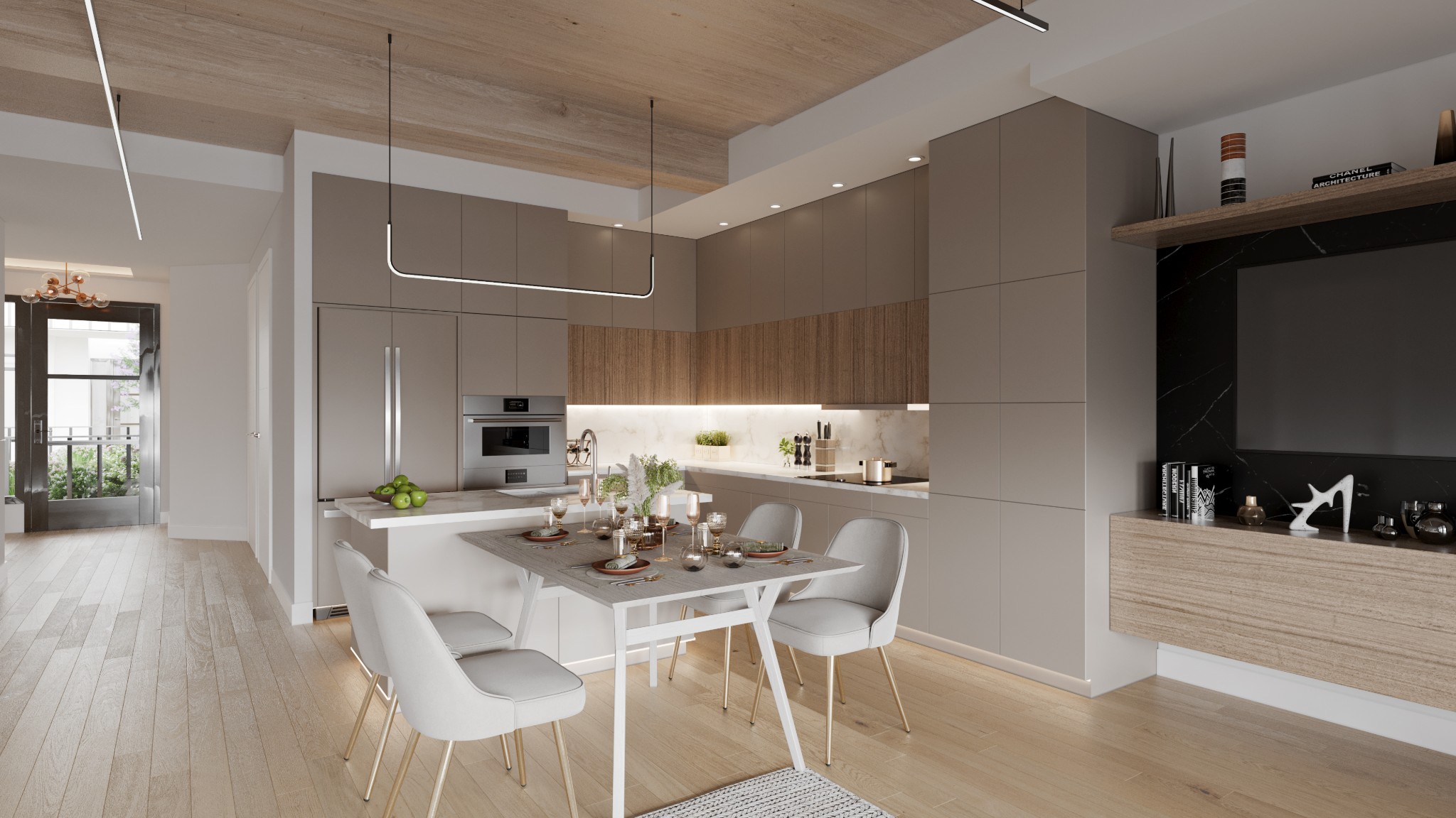 Modern kitchen and dining area with taupe cabinets, a white island, and a wood ceiling.