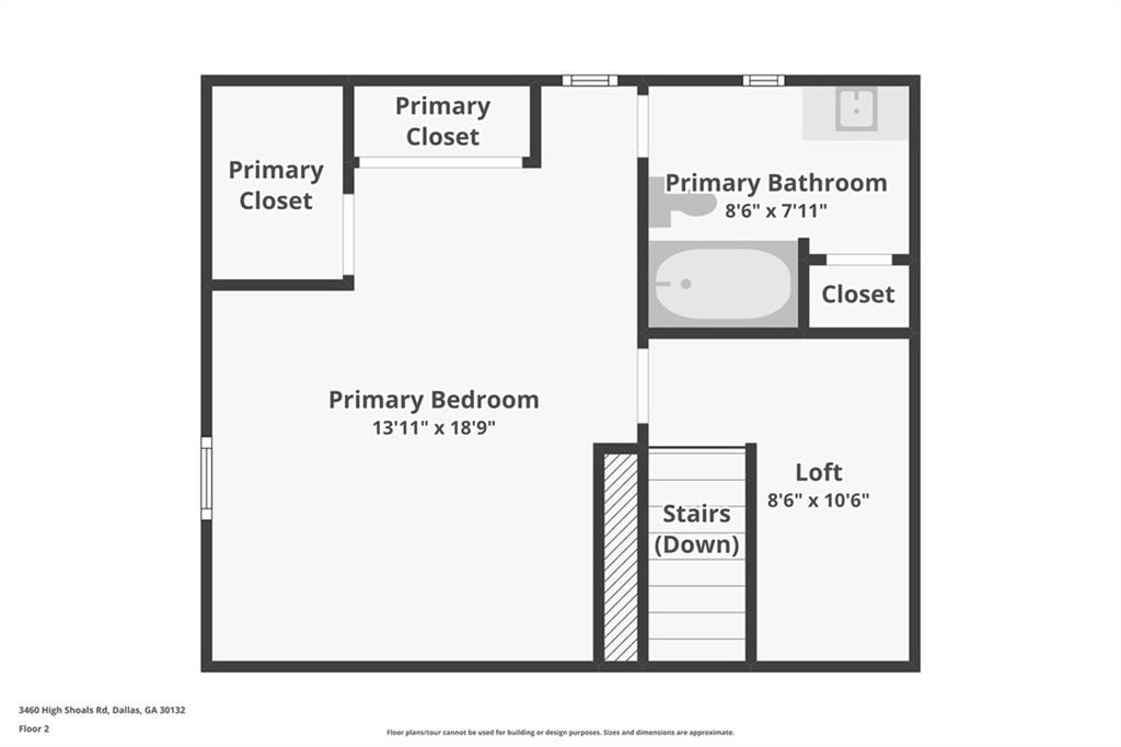 Second-floor floor plan showing the primary bedroom, two closets, bathroom, loft, and stairs.