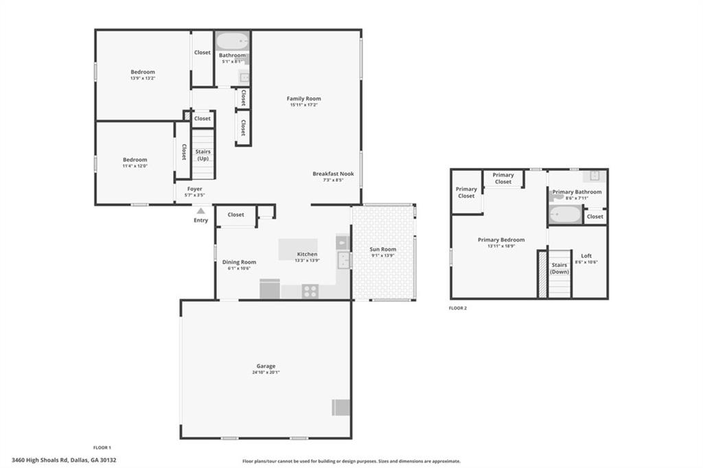 Two-story home floor plan showing first-floor living areas and garage, with a second-floor primary suite and loft.
