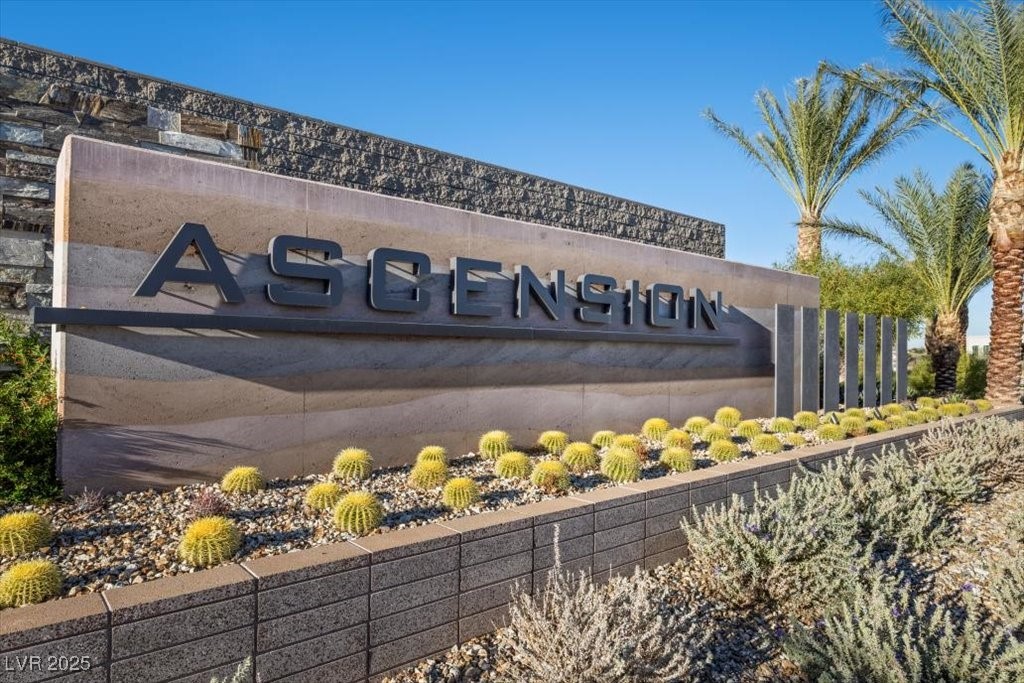 Ascension community entrance sign with desert landscaping and palm trees.