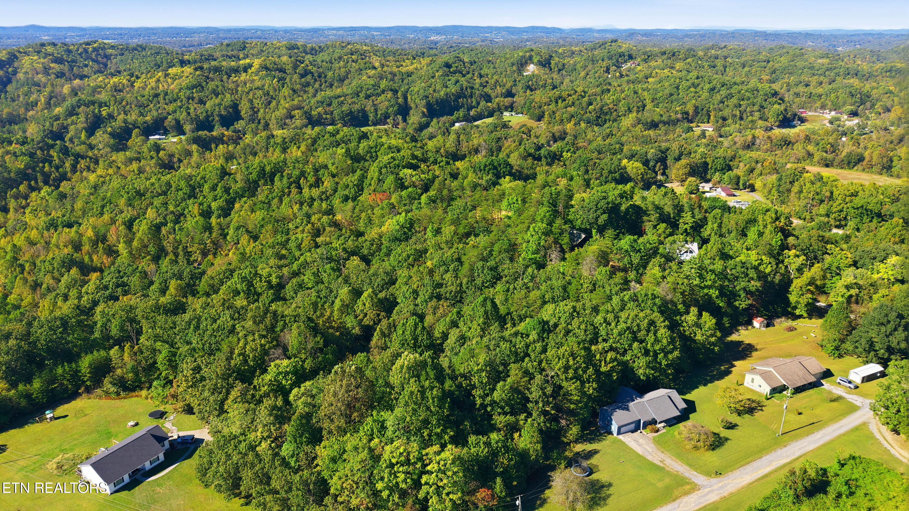 Aerial view of dense wooded acreage and scattered homes, with rolling hills on the horizon.