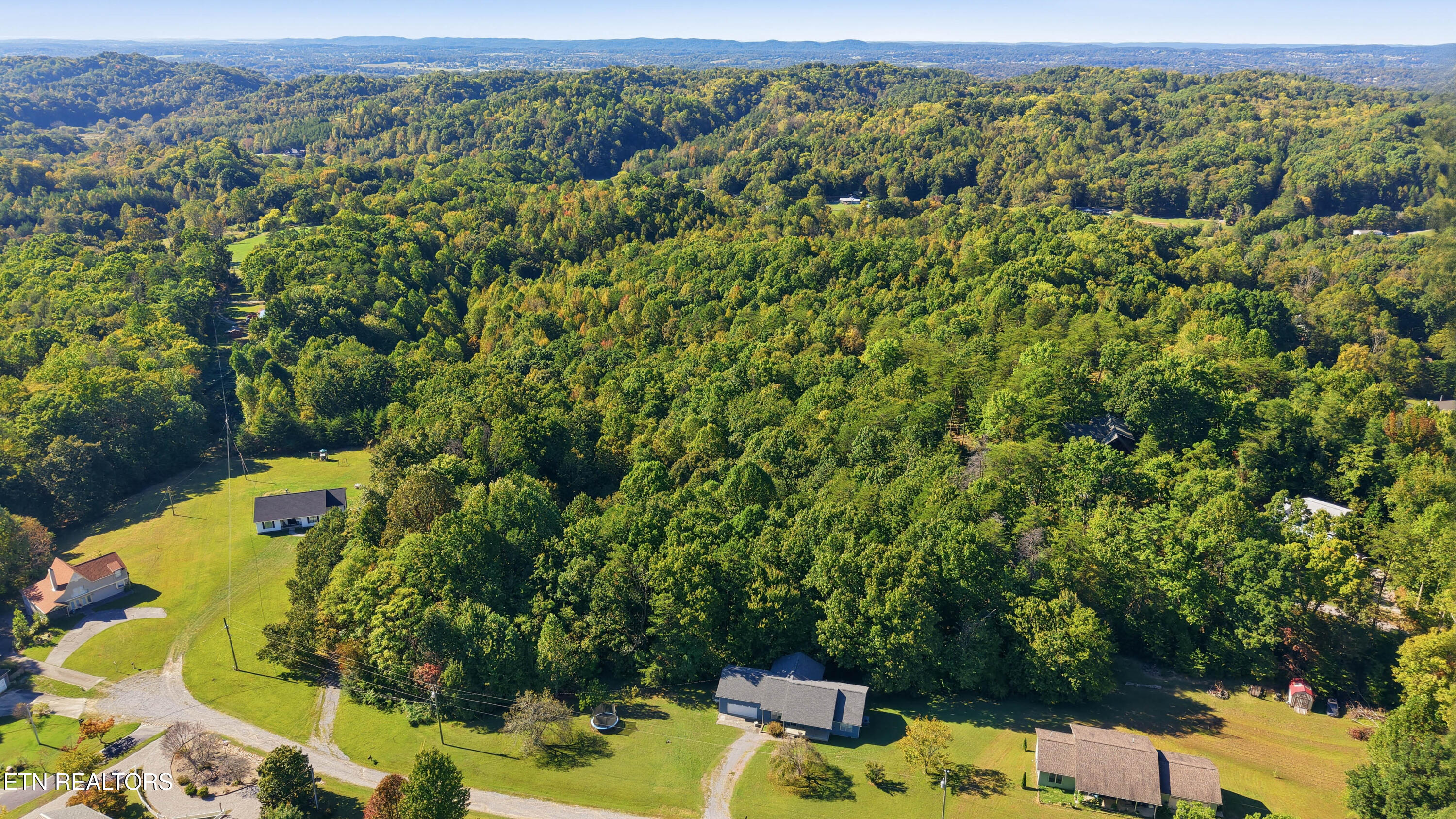 Aerial view of wooded acreage with a grassy clearing, scattered homes, and distant forested hills.