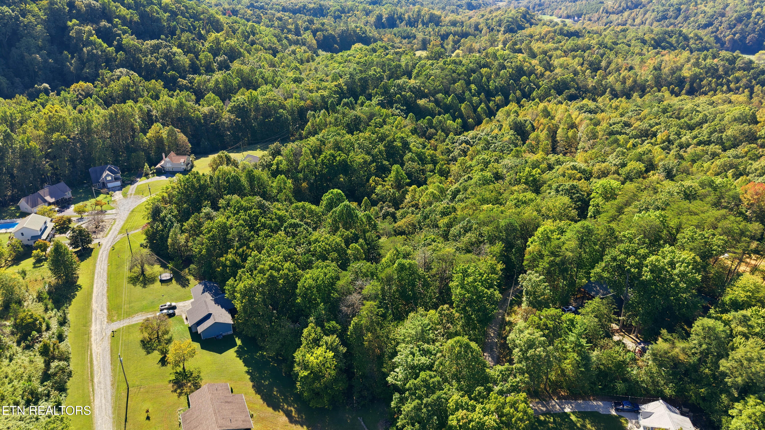 Aerial view of dense woodland and rolling hills beside homes and a gravel road.