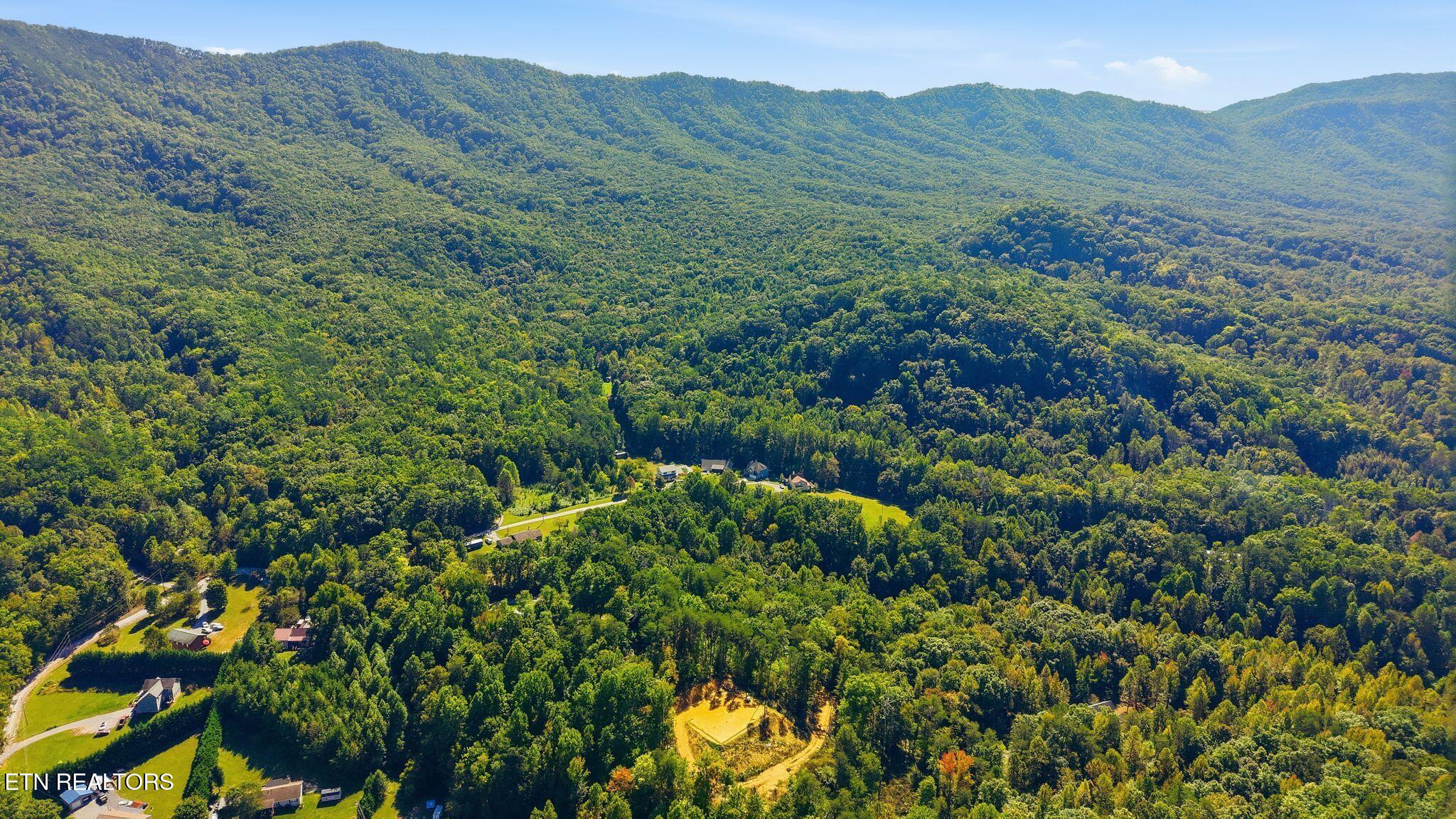 Aerial view of a wooded mountain valley with scattered homes and winding roads.