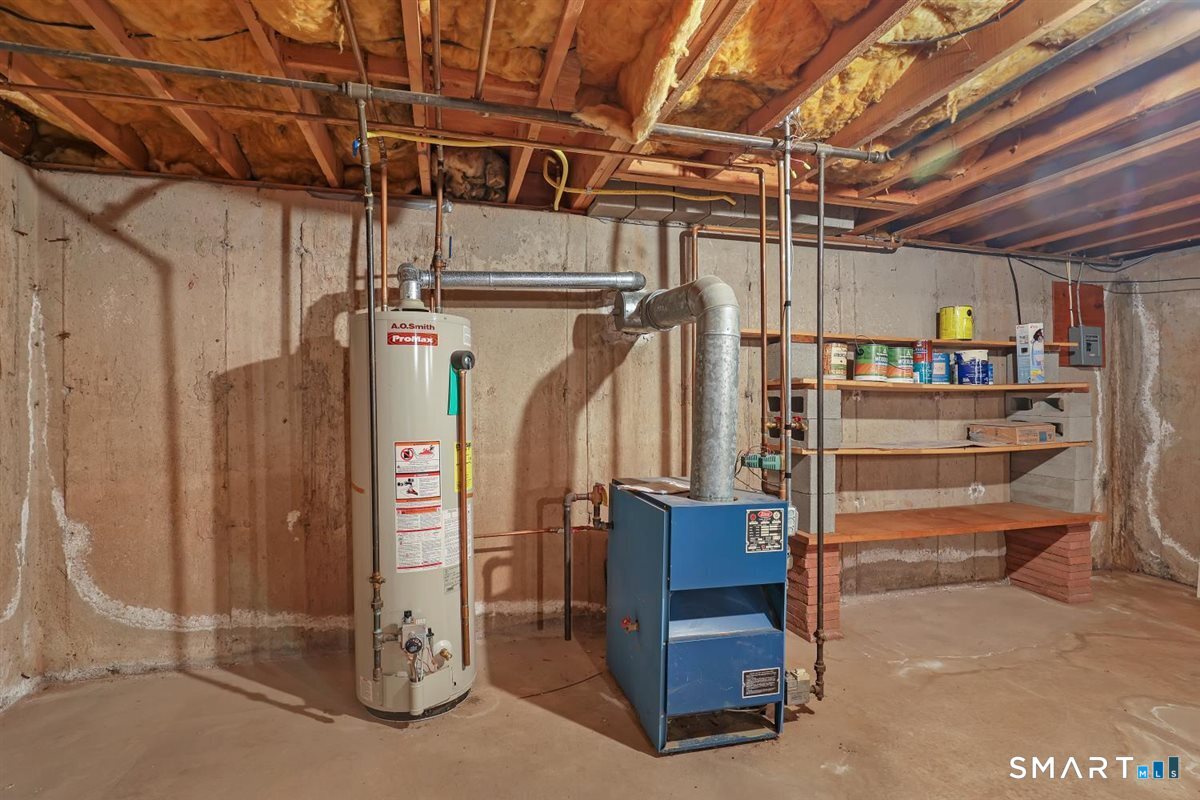 Basement utility area with a water heater, blue furnace, exposed joists, and concrete walls.