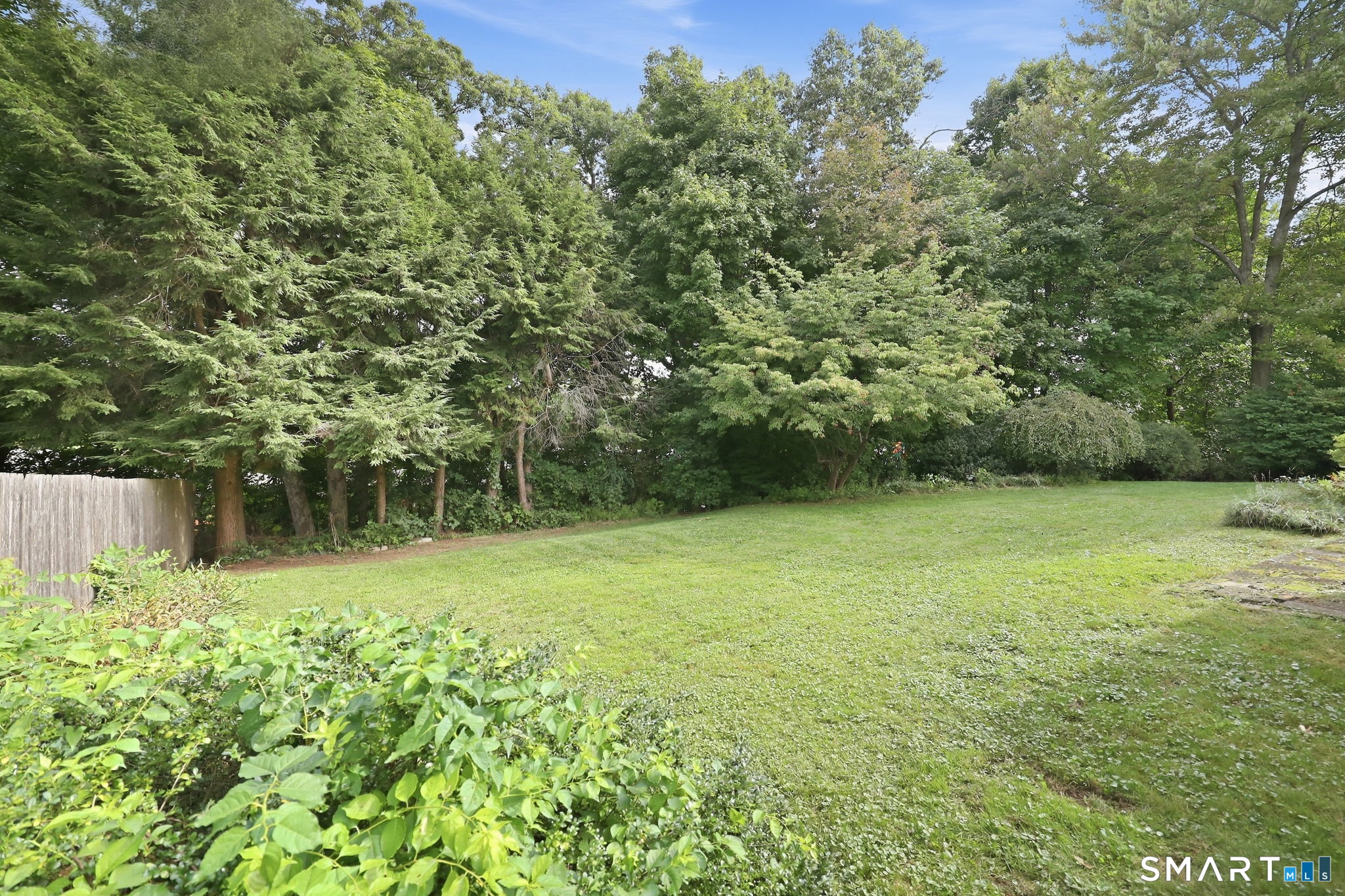 Grassy backyard bordered by mature trees, shrubs, and a wooden fence.