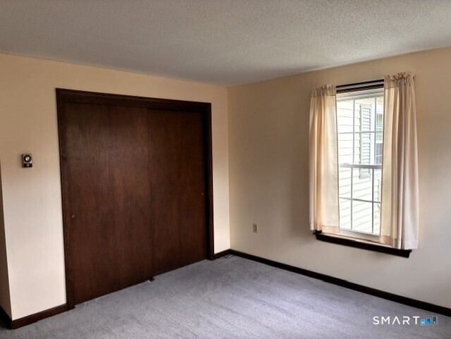 Vacant bedroom with gray carpet, a dark wood closet door, and a curtained window.