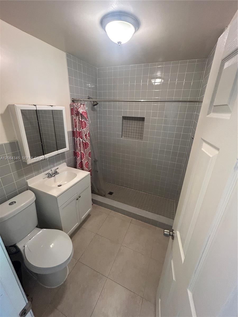 Bathroom with gray tiled walk-in shower, recessed niche, white vanity, and toilet.