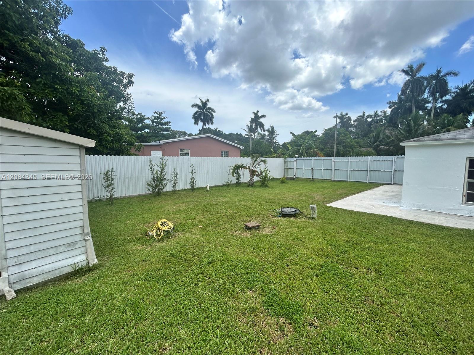 Fenced grassy backyard with a concrete patio and tropical trees.