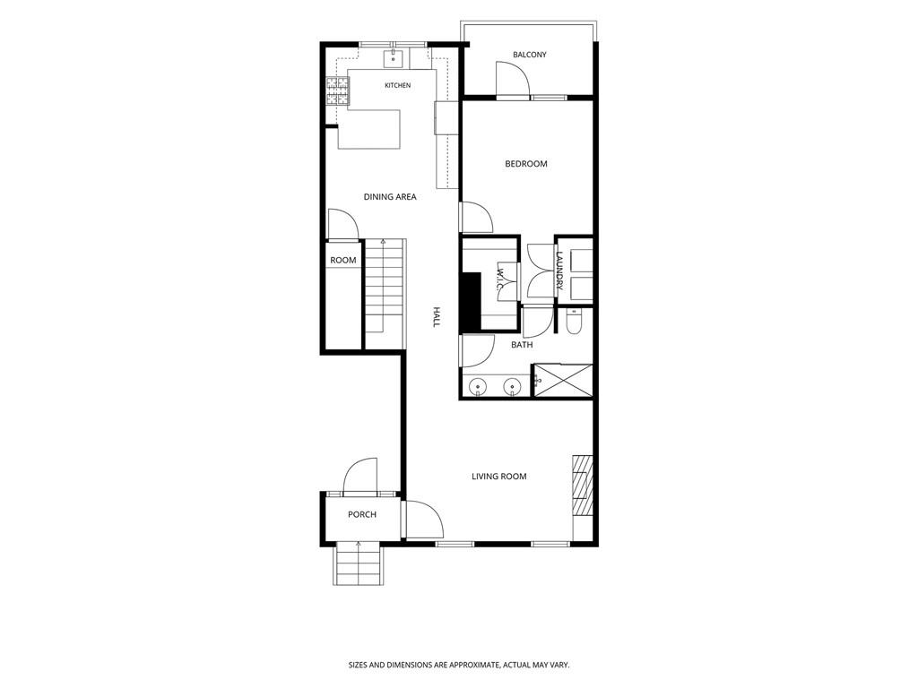 Floor plan showing a bedroom, kitchen, dining area, living room, bathroom, balcony, and porch.