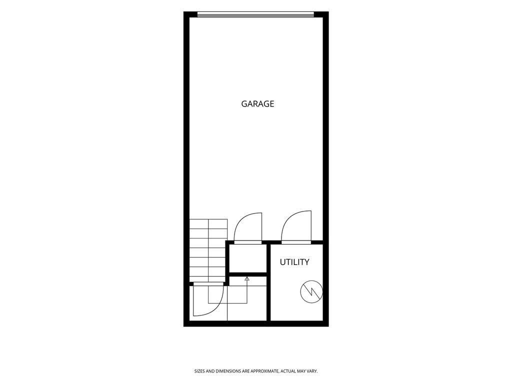 Floor plan showing a garage, utility room, stairs, and connecting doors.