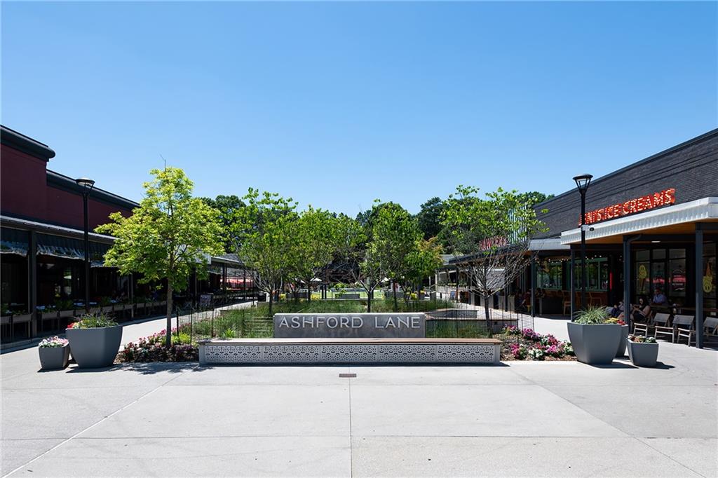Ashford Lane pedestrian plaza with landscaped flower beds and storefronts.