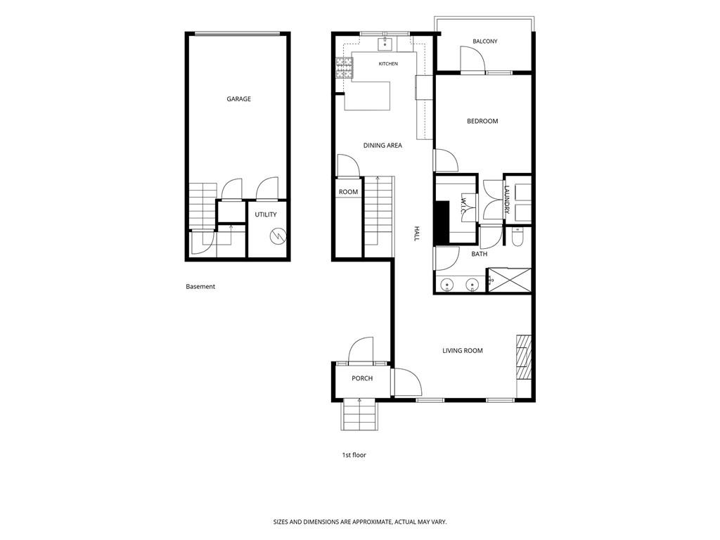 Floor plan showing the basement and first-floor layout, including a garage, bedroom, living room, and balcony.