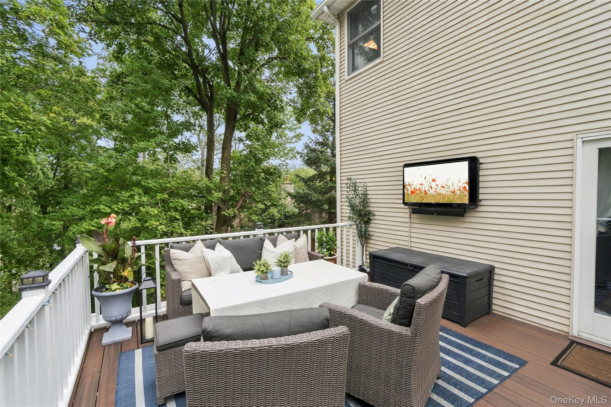 Furnished wooden deck with wicker seating, striped rug, wall-mounted television, and leafy trees beyond the railing.