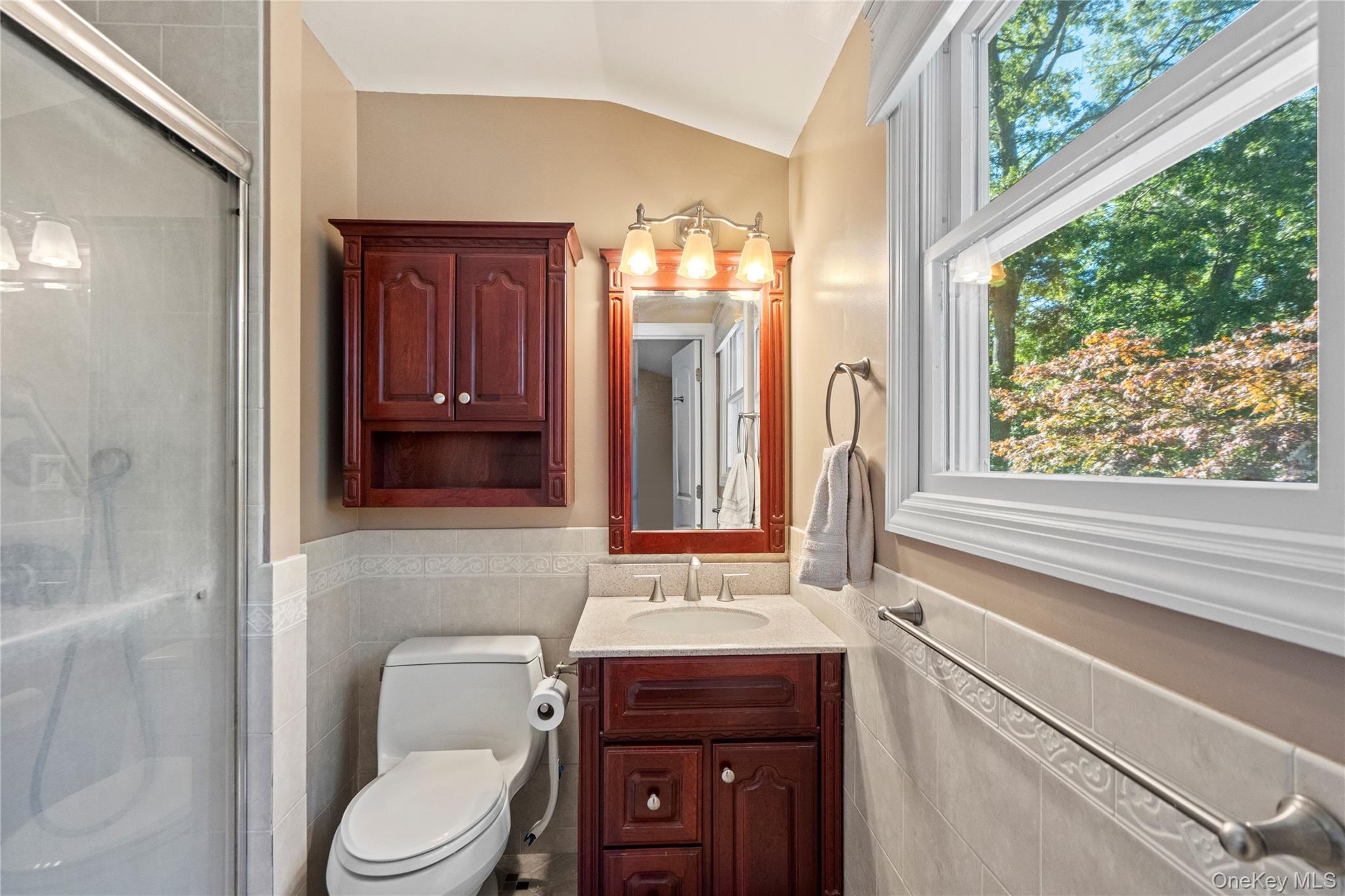Bathroom with a dark wood vanity, glass shower, and large window overlooking leafy trees.