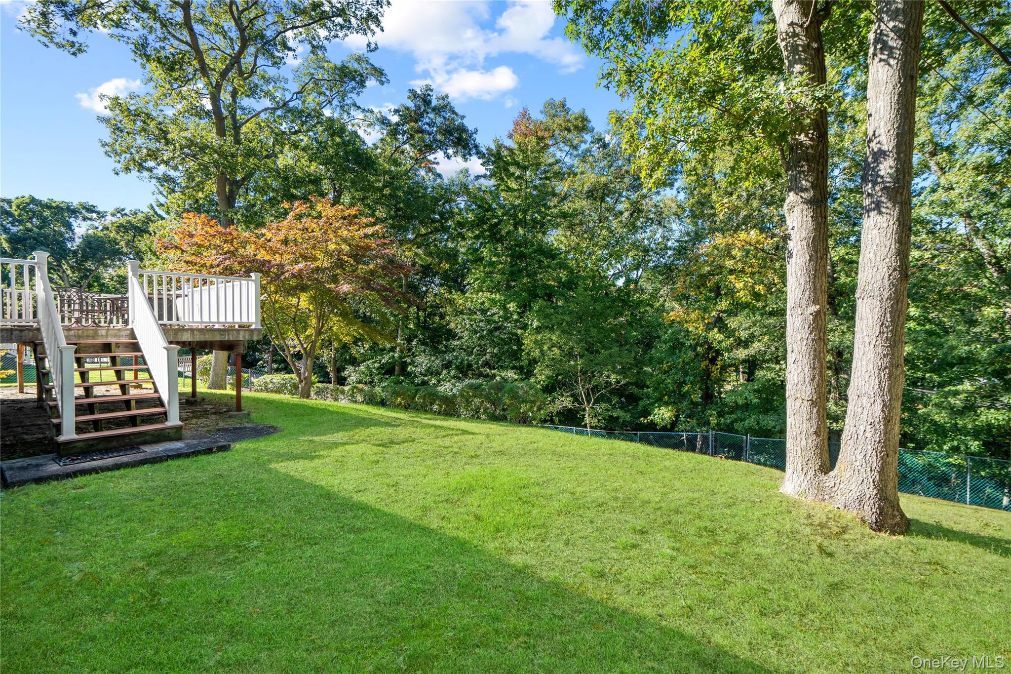Sloping backyard with a raised deck, mature trees, and a broad green lawn.