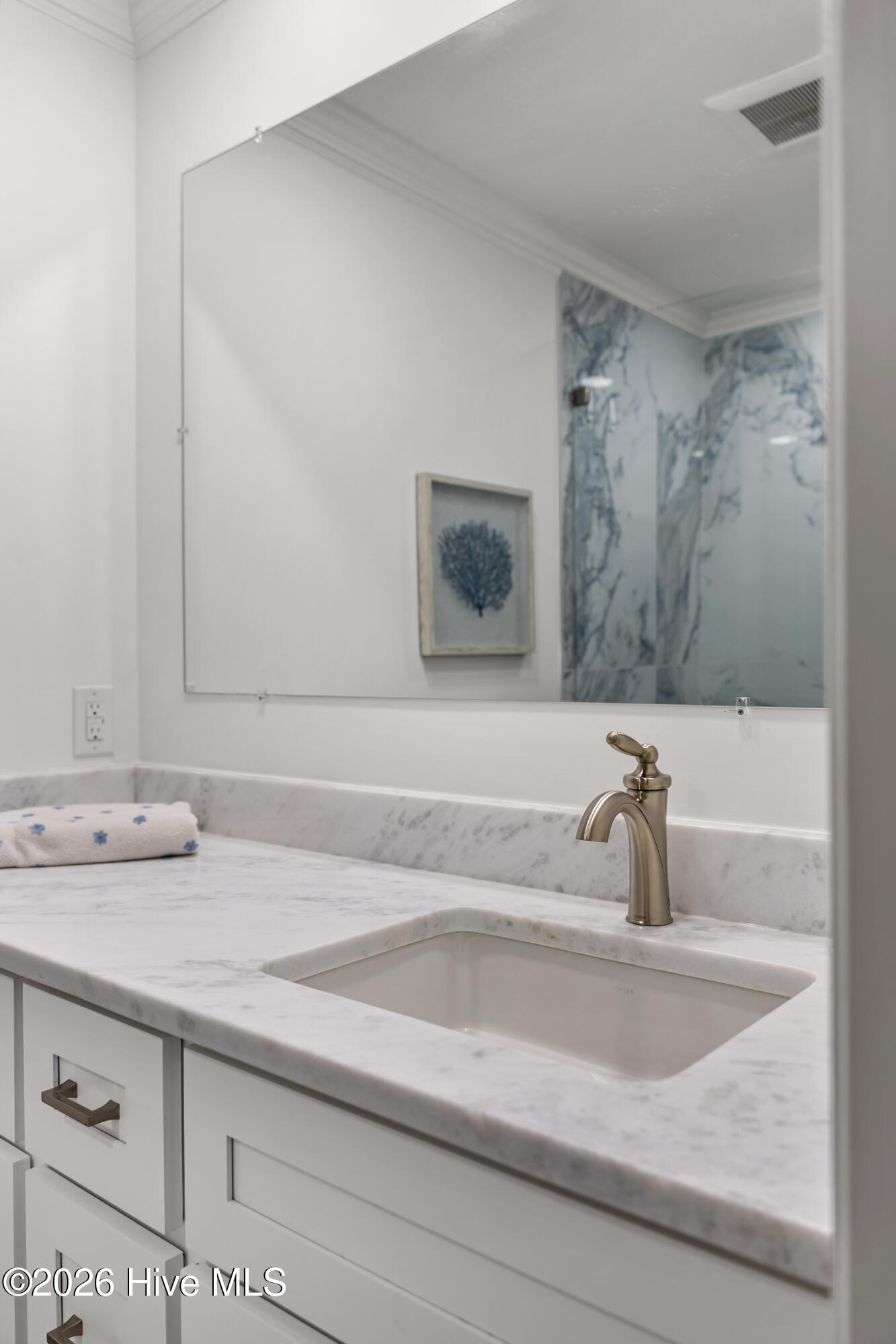 Bathroom vanity with a marble countertop, inset sink, brass faucet, and mirror reflecting a marble-patterned shower.