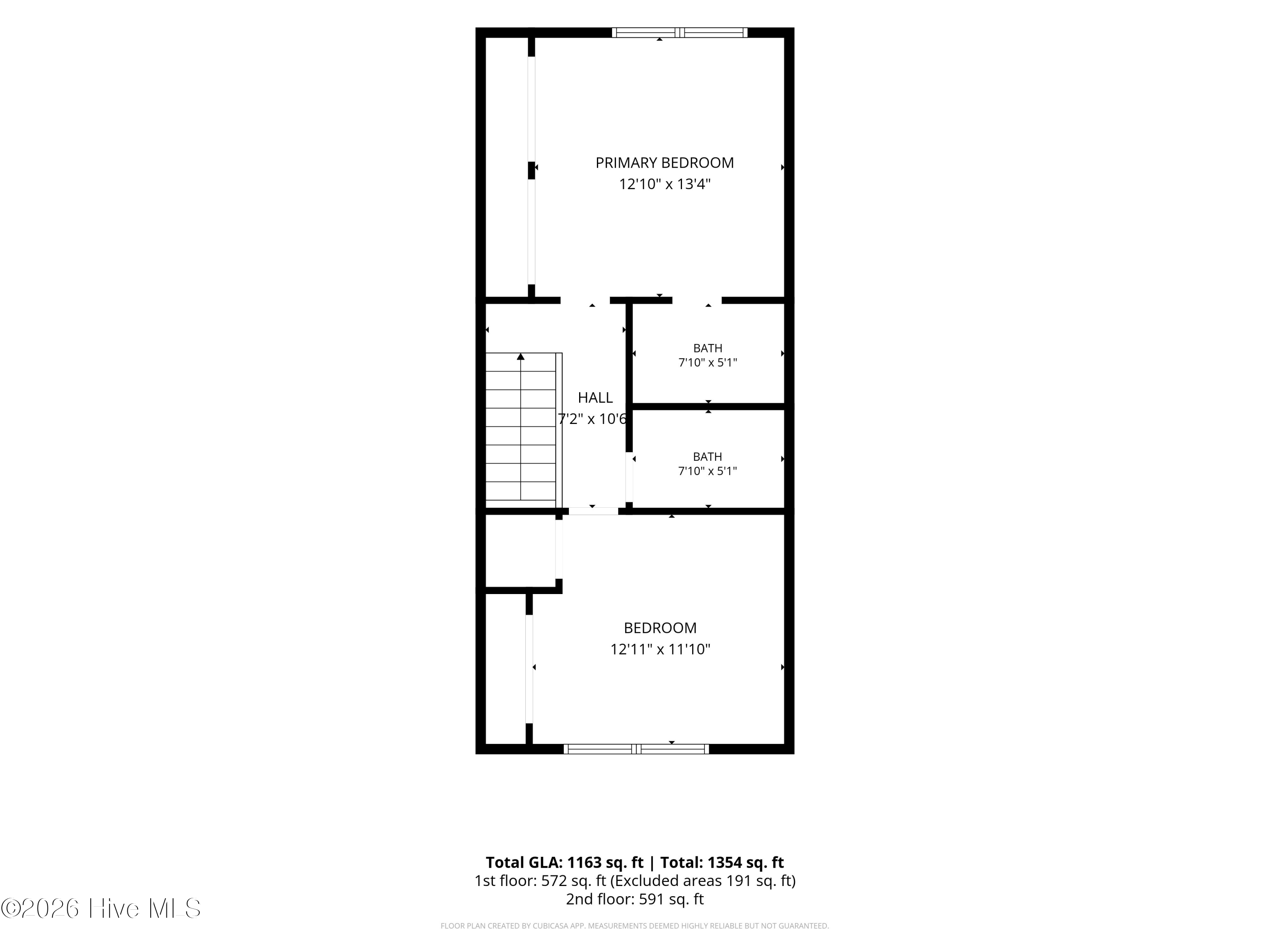 Two-story floor plan with a primary bedroom, bedroom, two bathrooms, hall, and staircase.