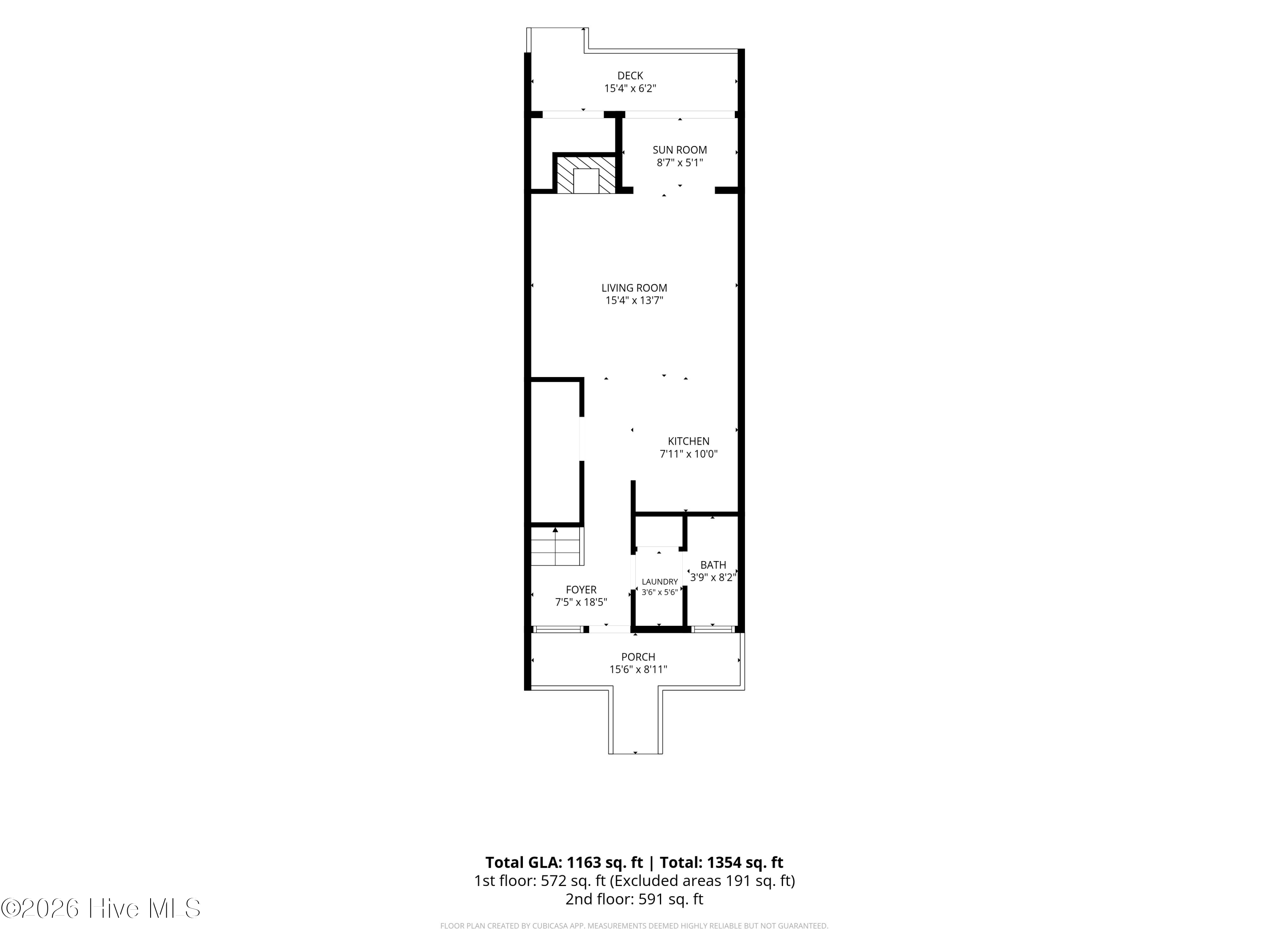 Floor plan with living room, kitchen, sun room, deck, foyer, bath, laundry, and porch.