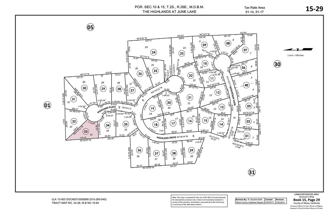 Assessor parcel map of The Highlands at June Lake with parcel 33 highlighted in pink.