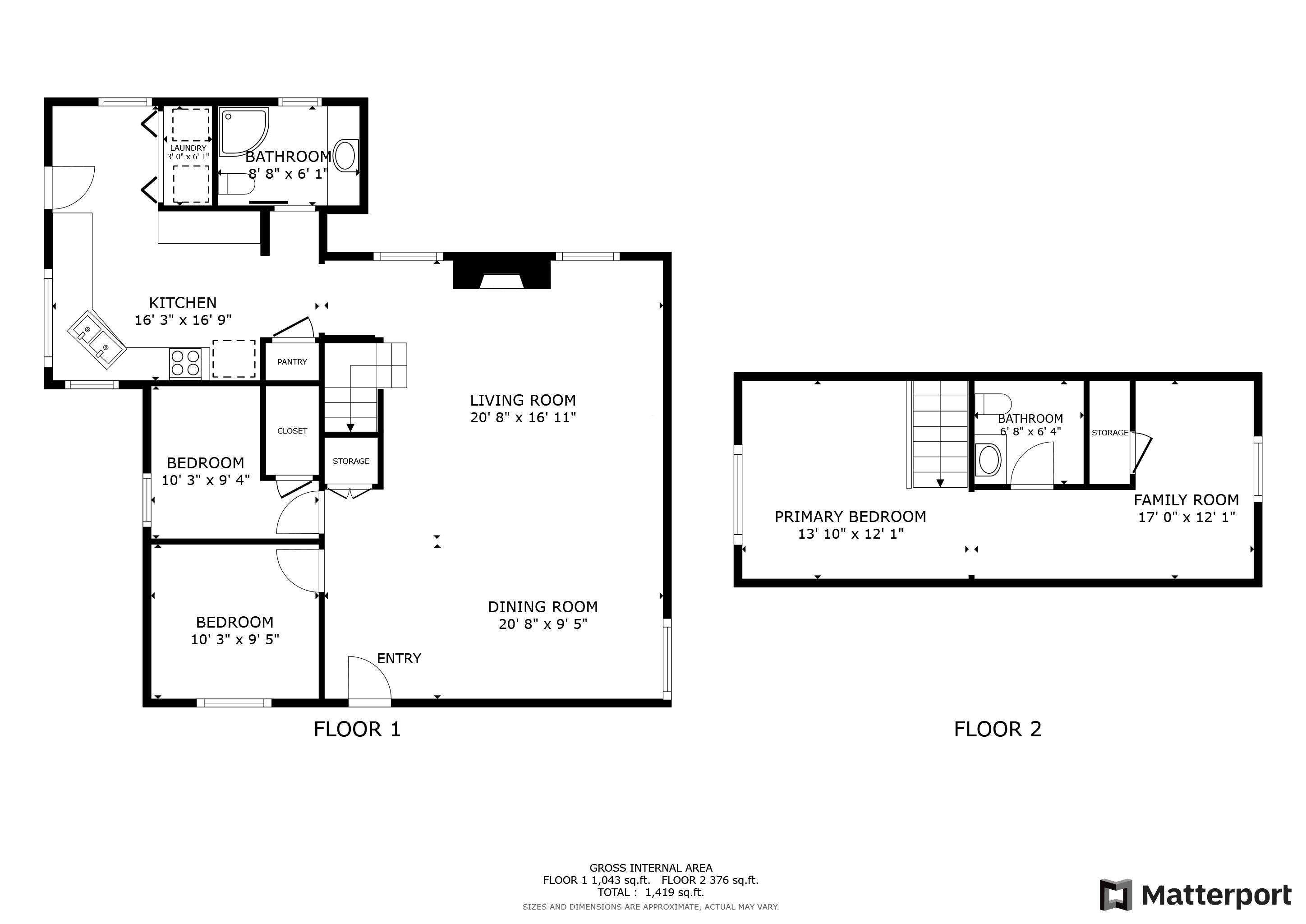 Two-floor plan showing bedrooms, bathrooms, kitchen, living room, dining room and family room.