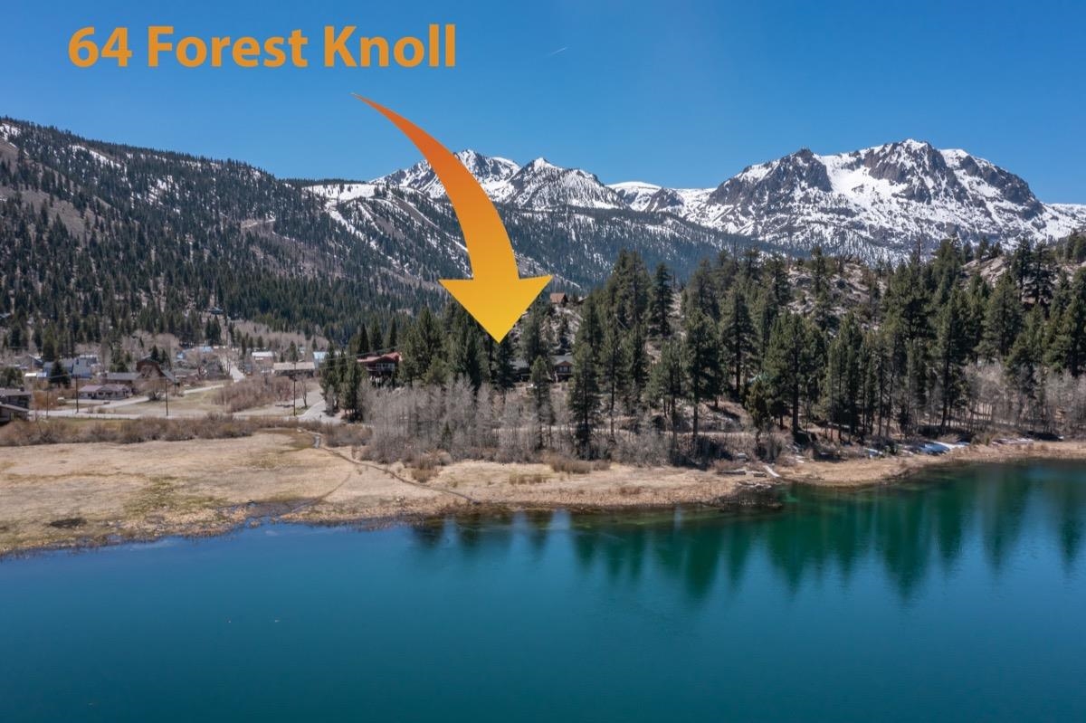 Aerial view of 64 Forest Knoll Road beside a lake, with snow-covered mountains beyond.