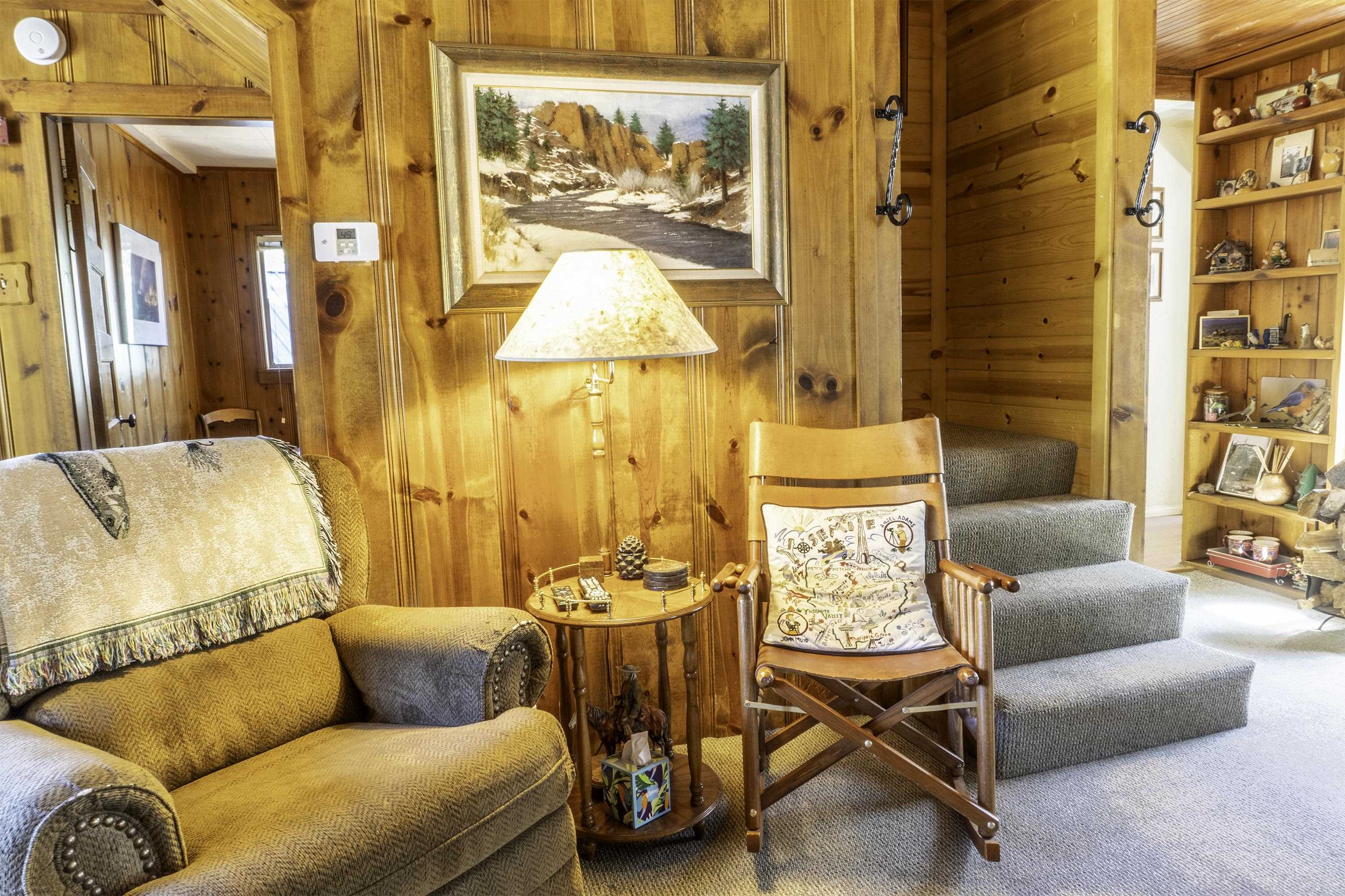 Wood-paneled living room with a sofa, director’s chair, and carpeted steps.
