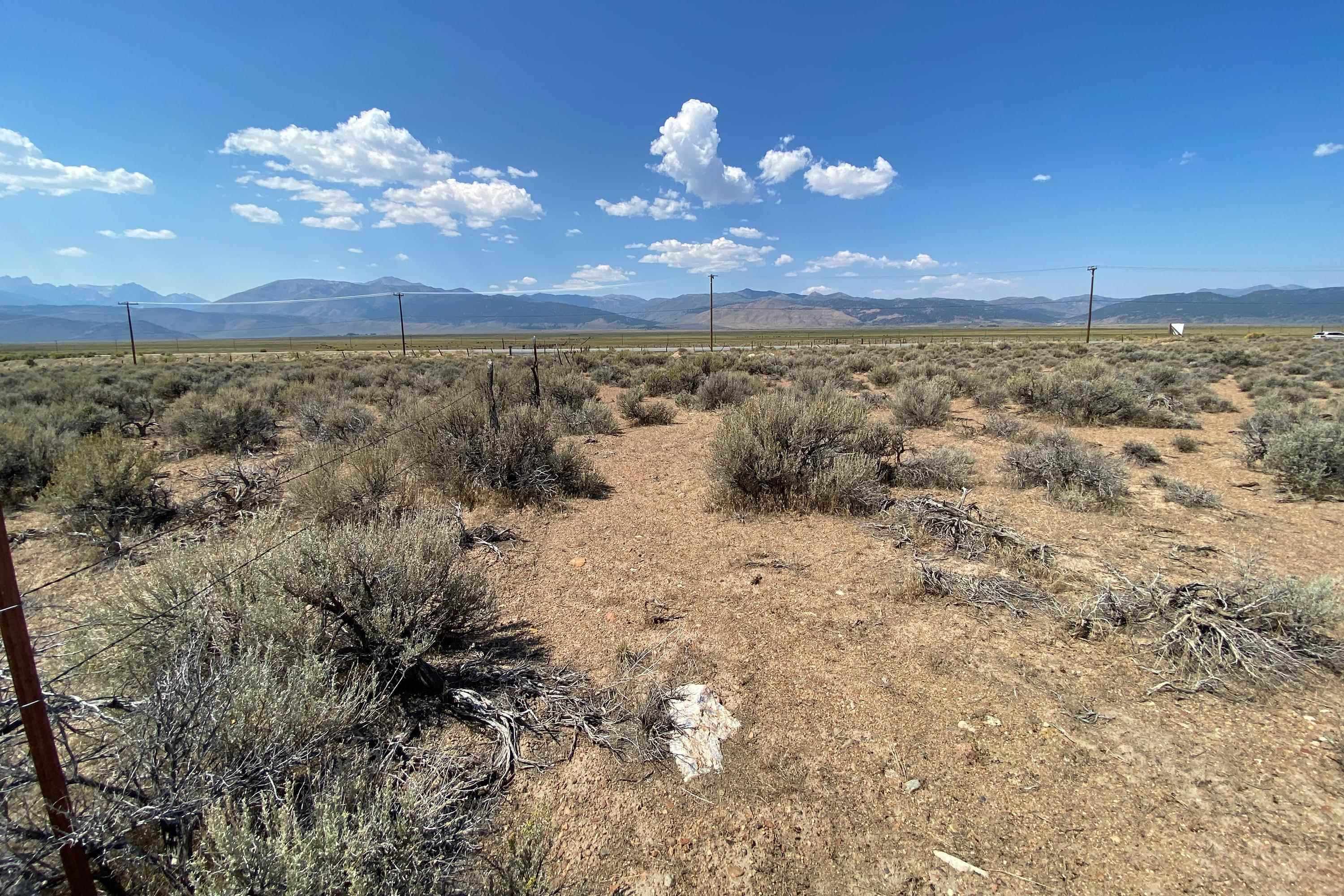 Undeveloped sagebrush land with a dirt track, fencing, and distant mountain views.